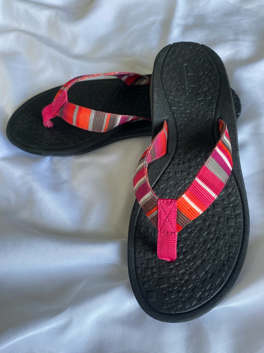 Clarks Black Sandals with Pink and Orange Striped Straps